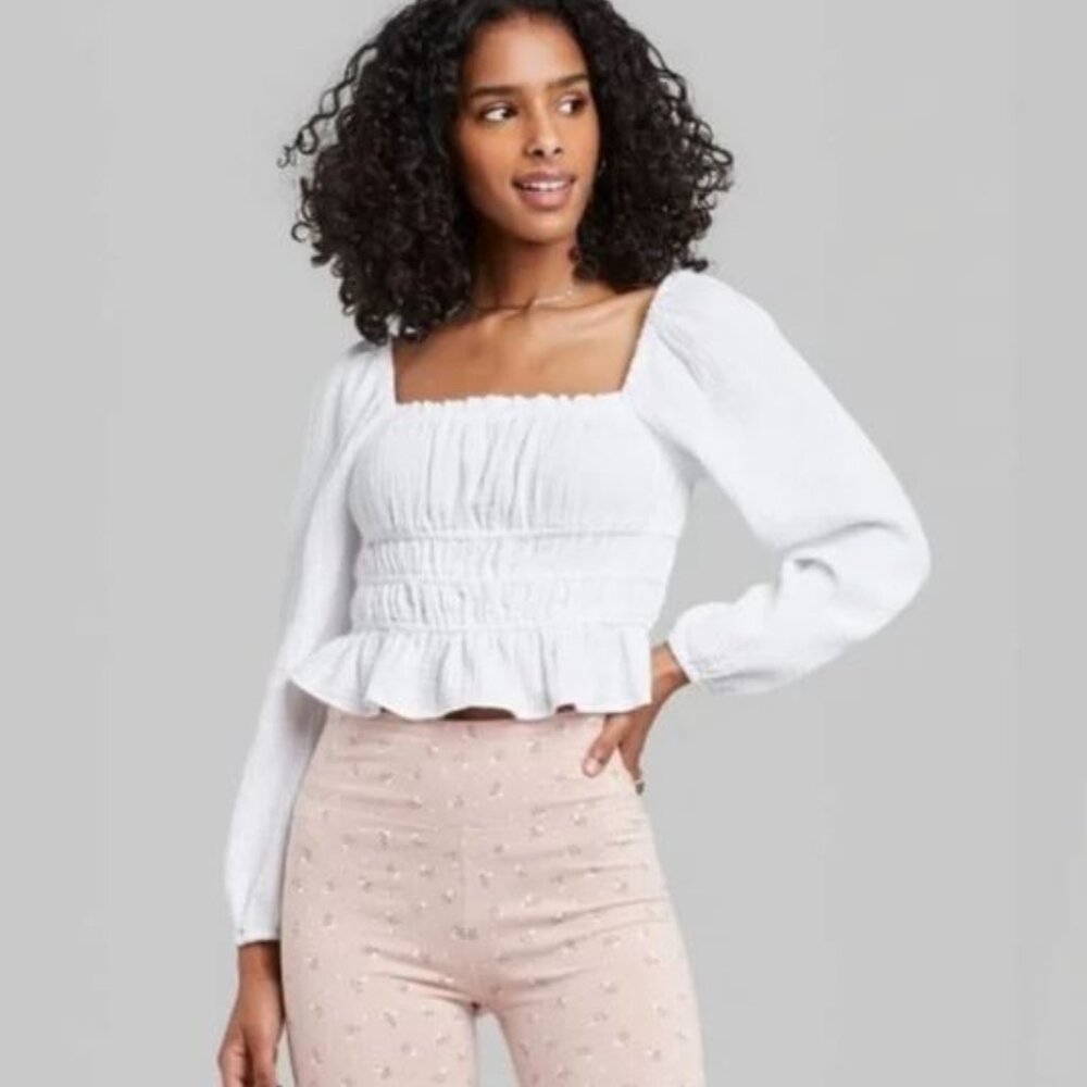 Wild Fable White Puff Long Sleeve Square Neck Smocked Waist Top